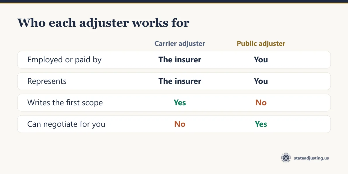 Comparison table: the carrier's adjuster is paid by and represents the insurer; a public adjuster is paid from and represents the policyholder