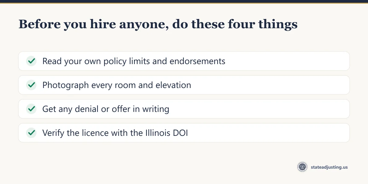 Checklist: read your policy, photograph everything, get any denial in writing, and verify the adjuster's licence with the Illinois Department of Insurance