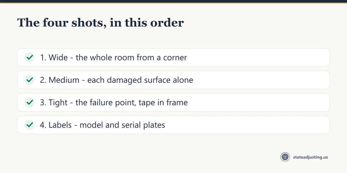 The four-pass photo sequence for a property damage claim: wide room shot, each damaged surface, the failure point with a tape measure, then model and serial labels
