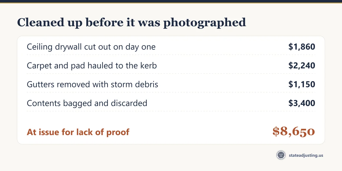 Worked example of what goes unproven when a property is cleaned before it is photographed: drywall, carpet, gutters and contents totalling 8,650 dollars at issue