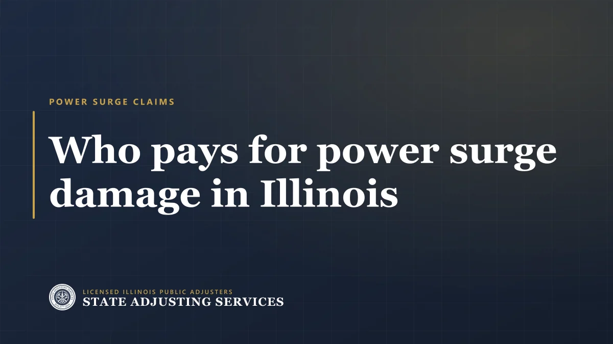 Title card reading Who pays for power surge damage in Illinois, State Adjusting Services