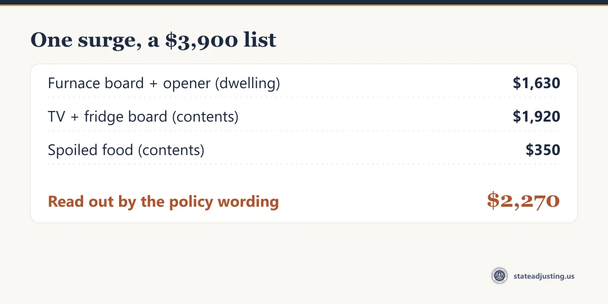 Receipt for the worked example: furnace board and opener under the dwelling coverage $1,630, television and fridge board under contents $1,920, spoiled food $350, with $2,270 read out by the policy wording
