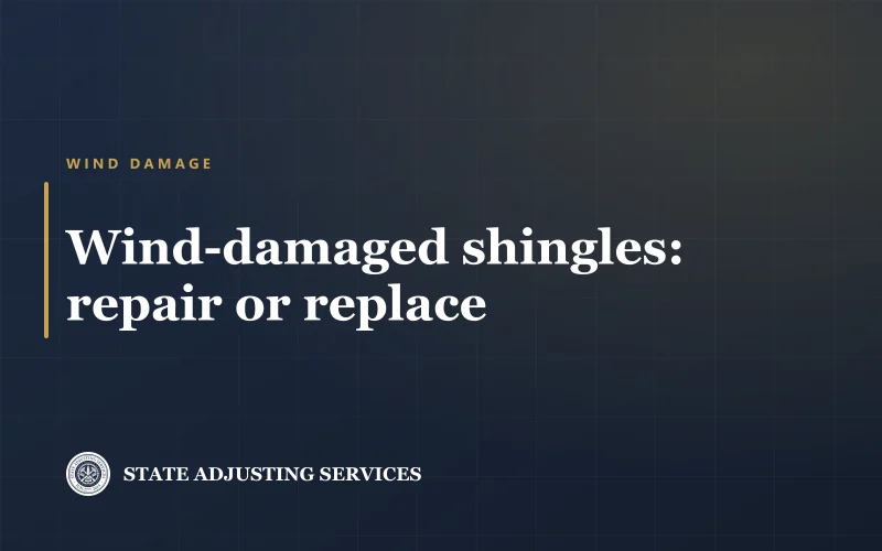 Title card reading Wind-damaged shingles: repair or replace, State Adjusting Services