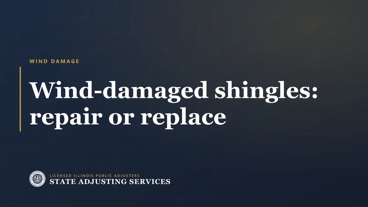 Title card reading Wind-damaged shingles: repair or replace, State Adjusting Services