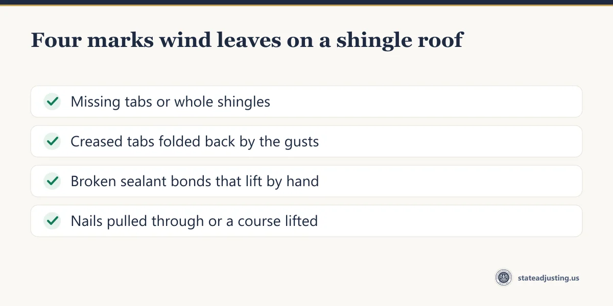 Checklist of four marks wind leaves on a shingle roof: missing tabs or shingles, creased tabs, broken sealant bonds that lift by hand, nails pulled through or a lifted course