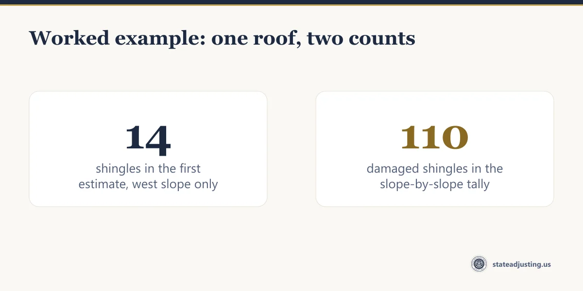 Worked example with two counts for one roof: 14 shingles in the first estimate on the west slope only, against 110 damaged shingles in the slope-by-slope tally