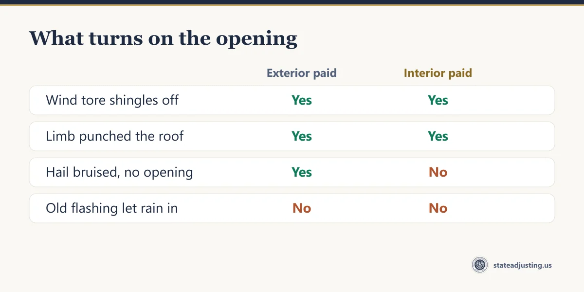 Comparison banner: wind tearing shingles off and a limb punching through the roof pay both the exterior and the interior; hail that bruises the roof without creating an opening pays the exterior only; old flashing letting rain in pays neither